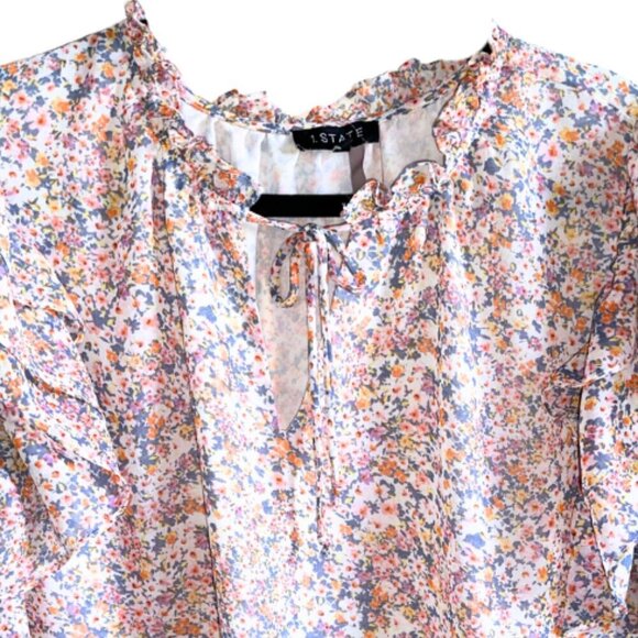 1 State Floral Blue Pink Women's Keyhole Blouse Flowy Flutter Sleeves 3x - Picture 3 of 8